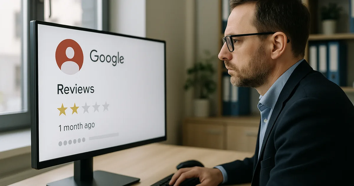 Prüfung einer verdächtigen Fake-Google-Bewertung am Computer