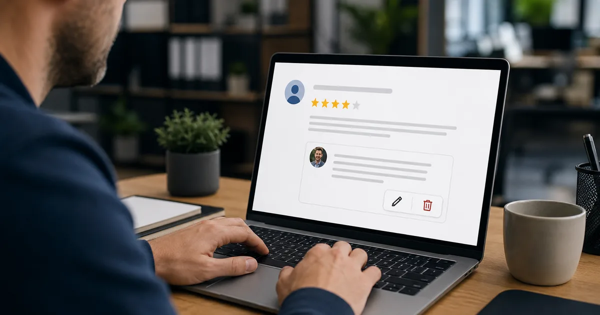 Inhaber bearbeitet und löscht seine öffentliche Antwort unter einer Google-Bewertung am Laptop