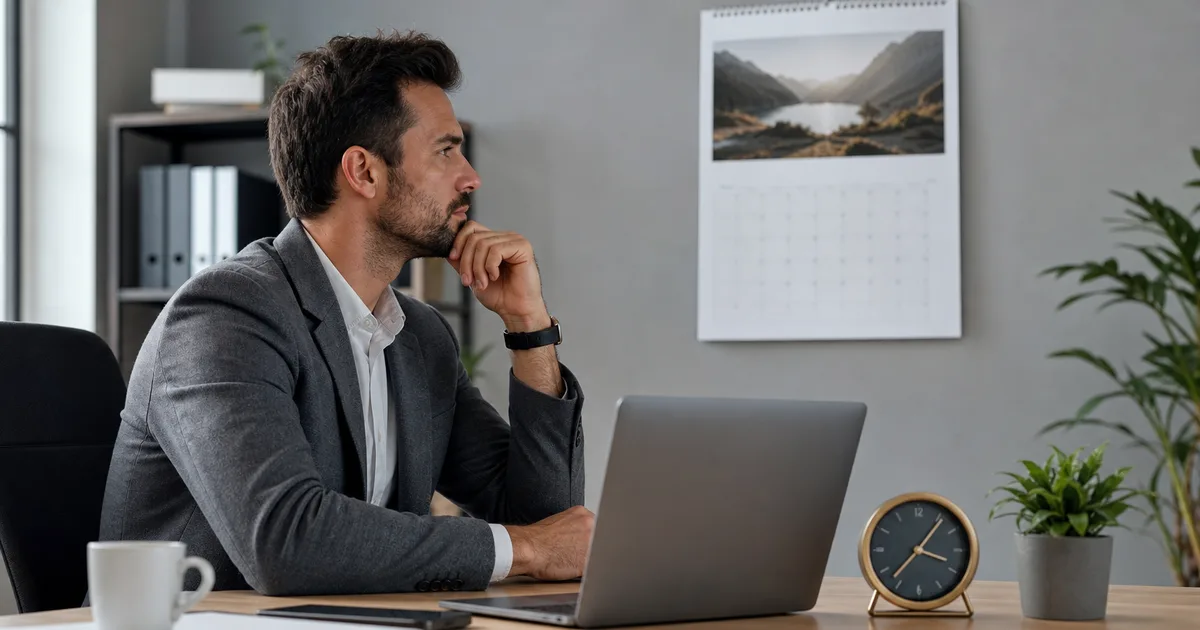Unternehmer wartet während der Prüfung einer Google-Bewertung, Kalender und Uhr im Büro