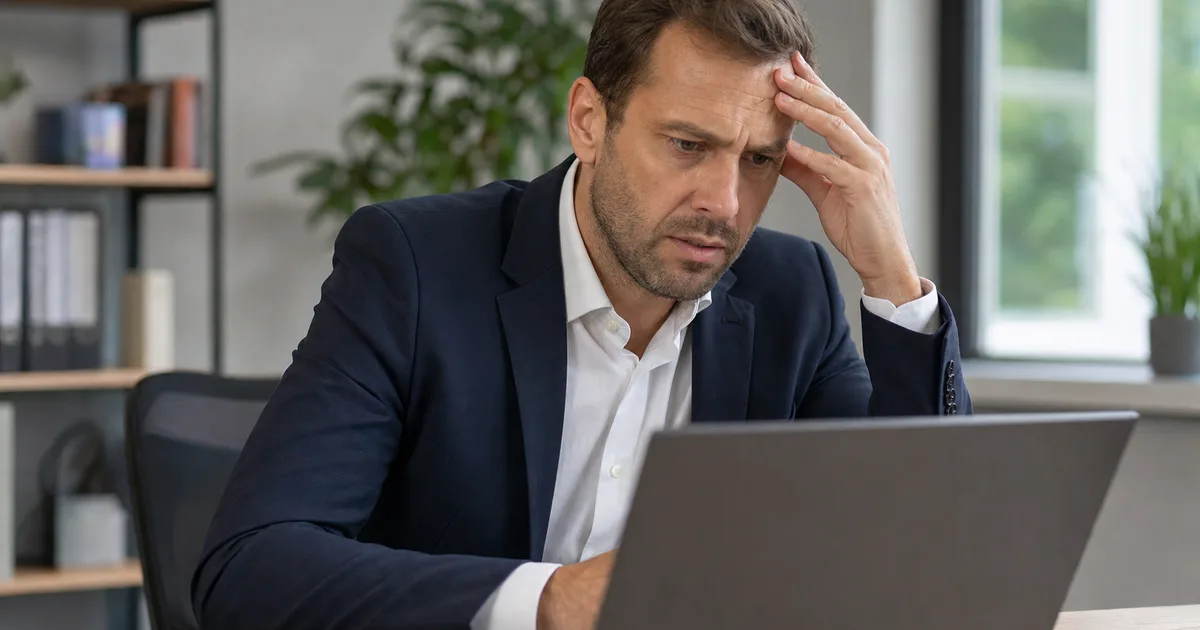 Unternehmer betrachtet eine abgelehnte Löschanfrage einer Google-Bewertung am Laptop