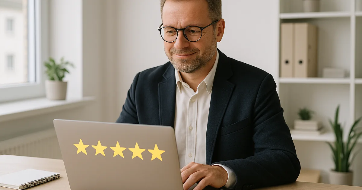 Inhaber prüft Google-Sternebewertungen am Laptop im Büro