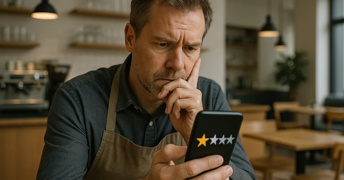 Geschäftsinhaber betrachtet besorgt eine negative Online-Bewertung