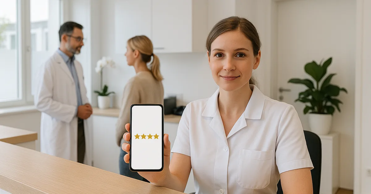 Arztpraxis-Eingang mit Smartphone-Bewertungsanzeige