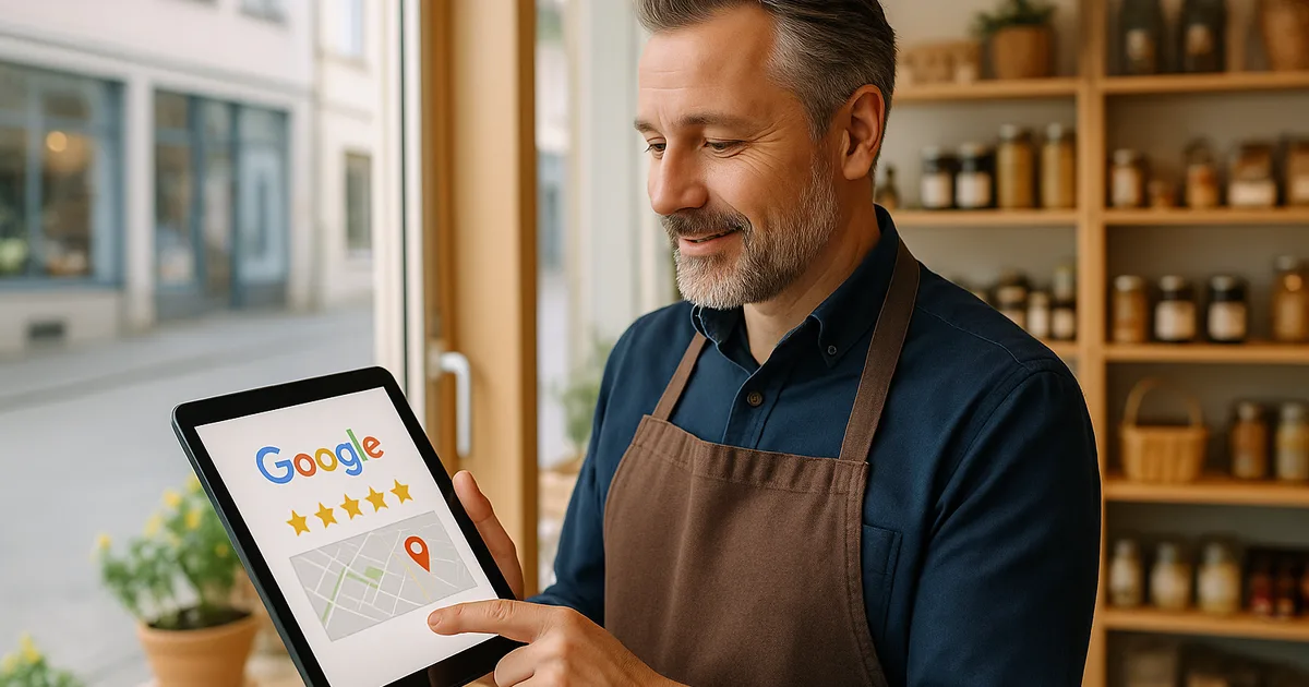 Inhaber prüft Google-Bewertungen am Tablet im Geschäft